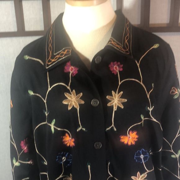 Denim & Co. embroidered black jacket/ large/ cotton, orange, green, red, yellow - Picture 2 of 11